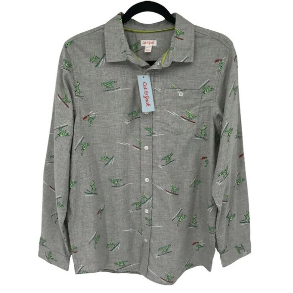 Cat & Jack Boys Surfing Dinosaur Print Gray Button Up Shirt  - Choose Size - Picture 1 of 10